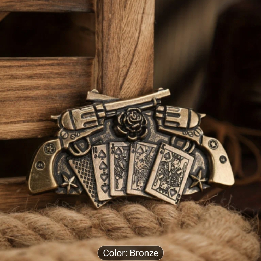 Western Cowboy Revolver & Poker Cards Belt Buckle Bronze Vintage Style, T1B5G